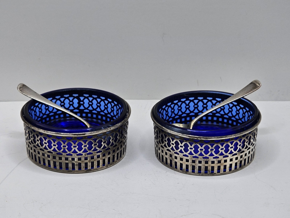 2 Antique Reticulated Sterling Silver Salt Cellars w Cobalt Inserts Spoons